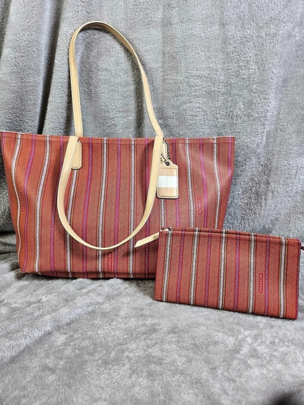 Coach Signature Stripe Tote with Wristlet Striped Tote with Wristlet in Orange &